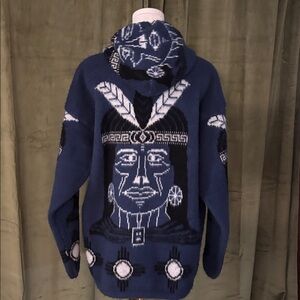 Andes Men's Blue Graphic alpaca hooded cardigan, M